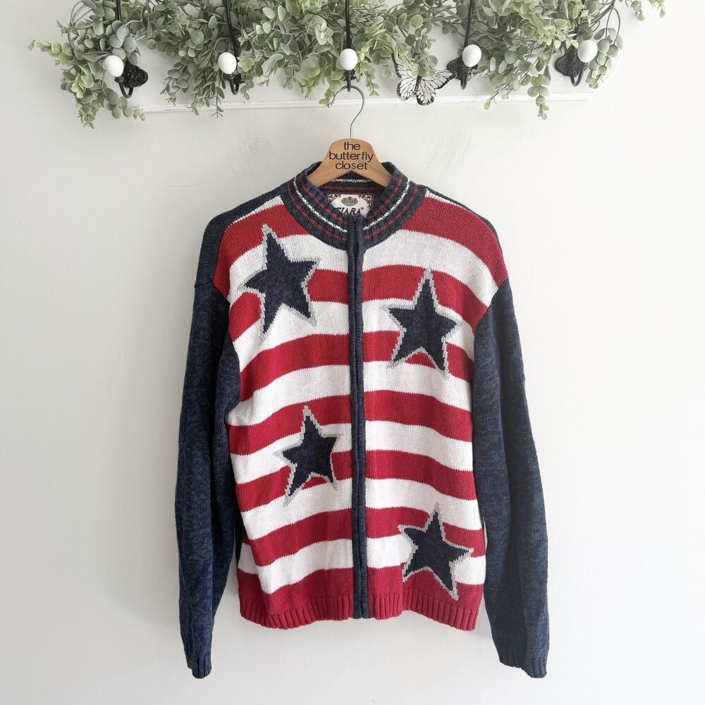 Vintage Tiara American Flag Print Full Zip Cardigan Ramie XL Q5850